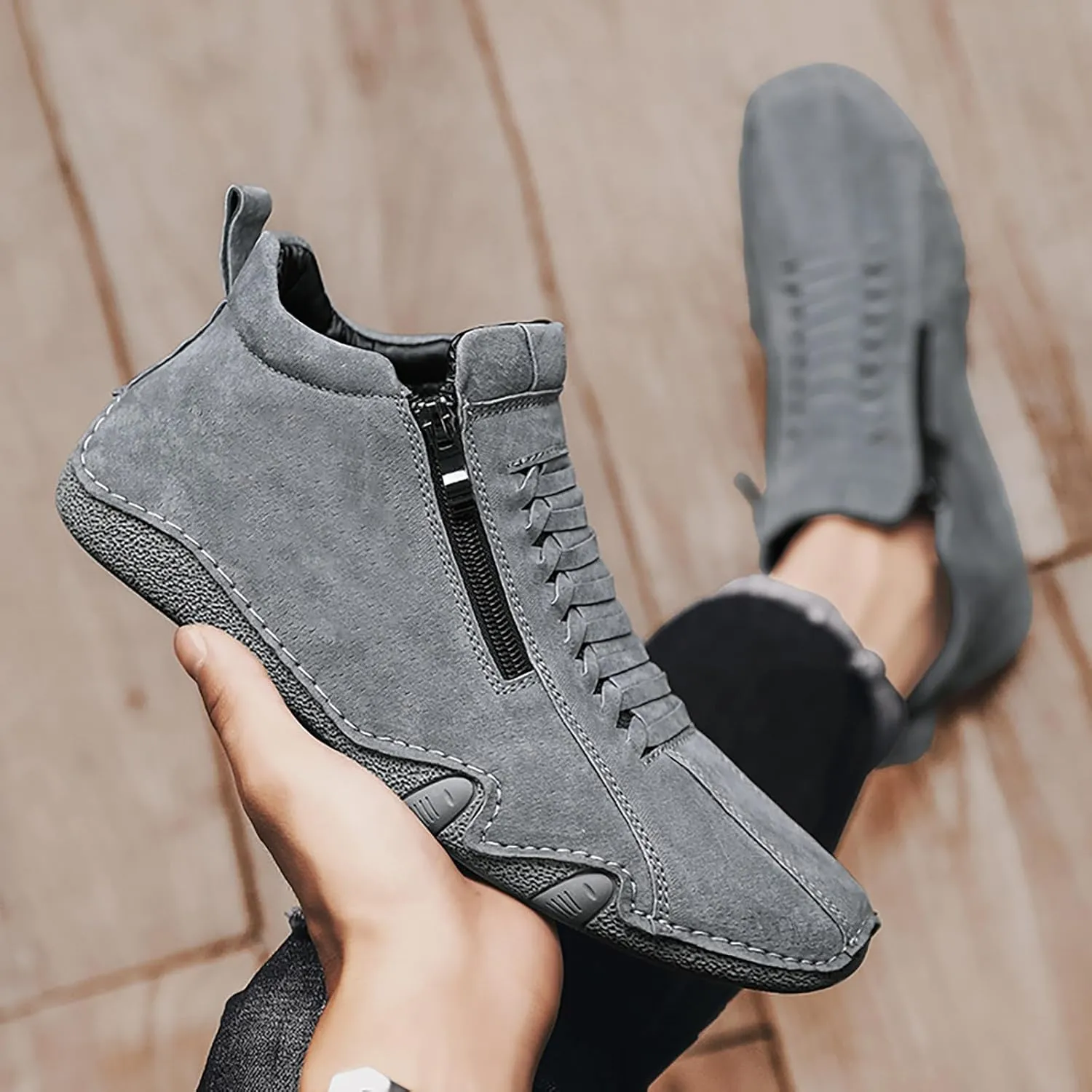 Men's Casual Barefoot Shoes 2025 Breathable Comfy Flat Bottom Bussiness Casual Shoes for Work Side Zip Non Slip Plus Size Leather Loafers for Men