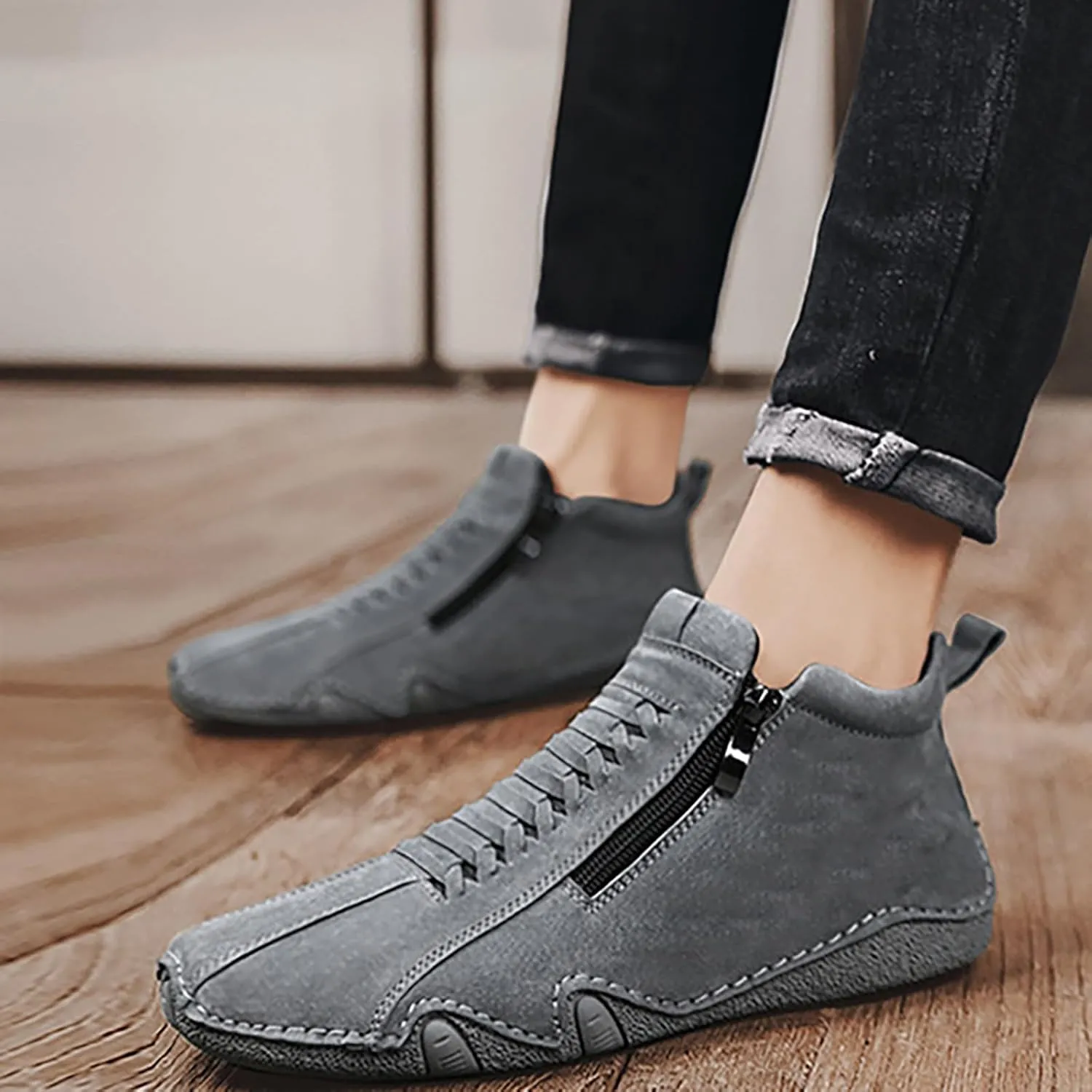 Men's Casual Barefoot Shoes 2025 Breathable Comfy Flat Bottom Bussiness Casual Shoes for Work Side Zip Non Slip Plus Size Leather Loafers for Men