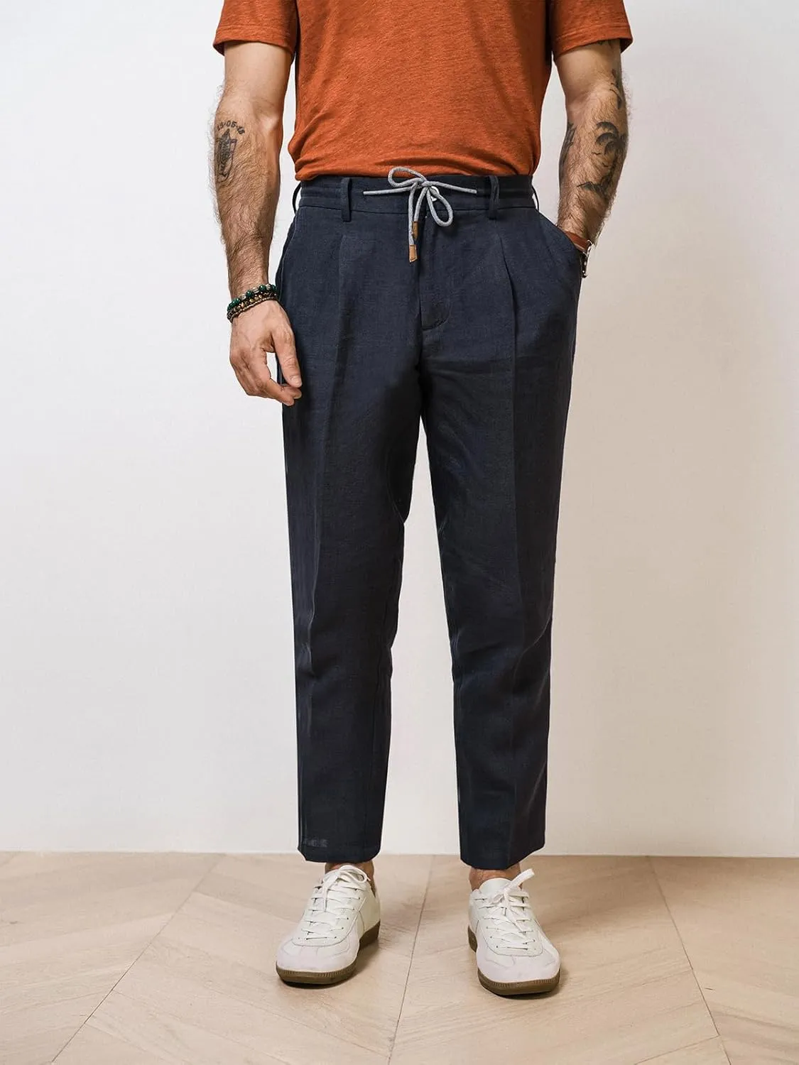 Men's Casual Cotton Linen Pants Summer Drawstring Lounge Lightweight Summer Beach Trousers Elastic Waist