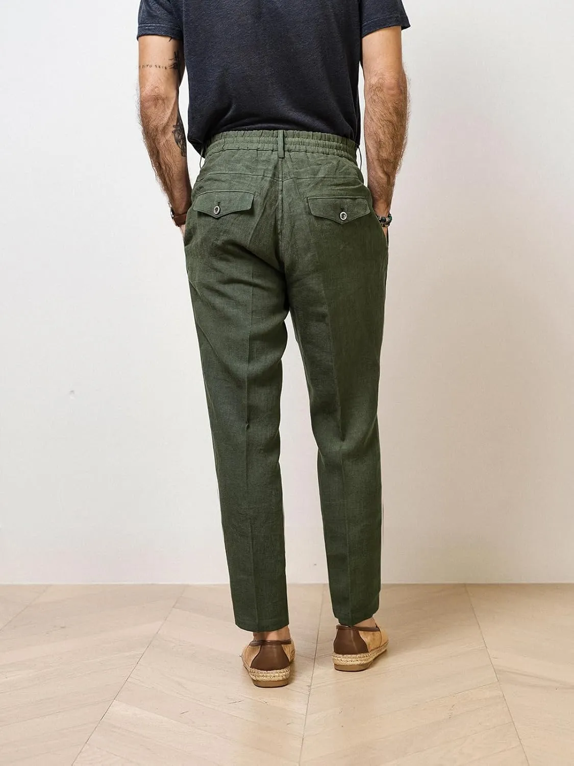 Men's Casual Cotton Linen Pants Summer Drawstring Lounge Lightweight Summer Beach Trousers Elastic Waist