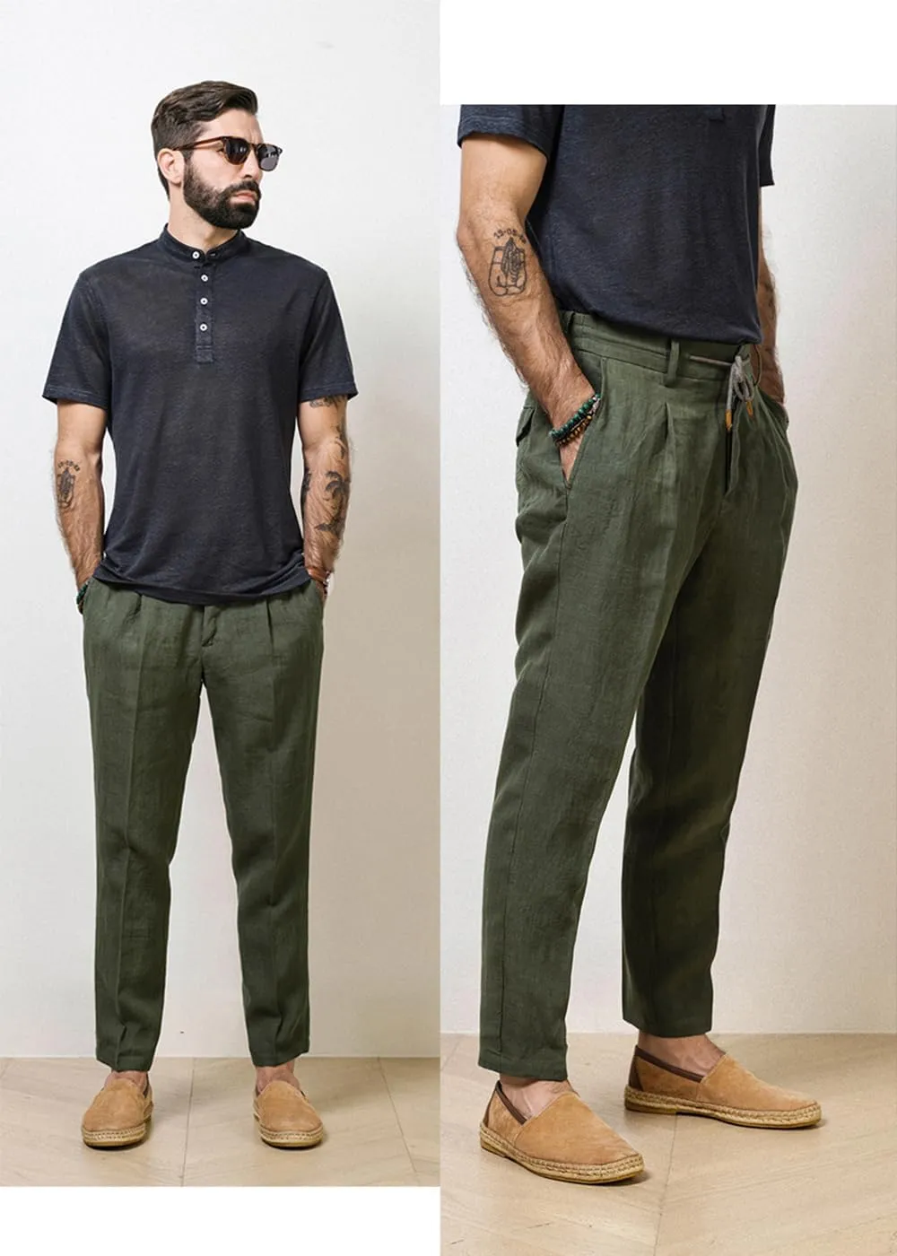 Men's Casual Cotton Linen Pants Summer Drawstring Lounge Lightweight Summer Beach Trousers Elastic Waist