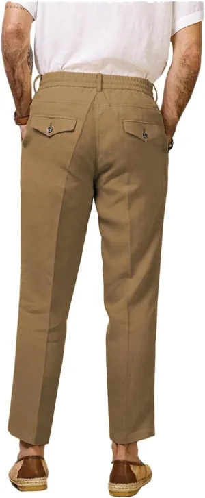 Men's Casual Cotton Linen Pants Summer Drawstring Lounge Lightweight Summer Beach Trousers Elastic Waist