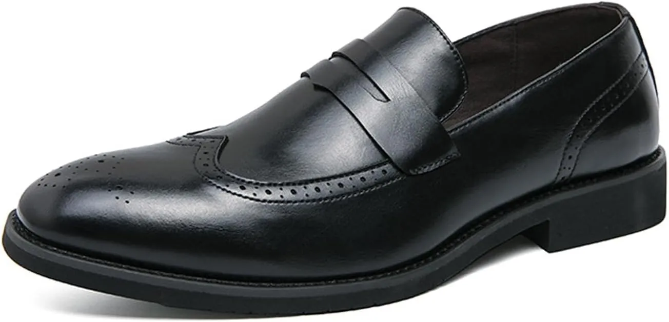 Mens Classic Handmade Leather Dress Shoes Fashion Brogue Wing Tip Comfort Slip-On Loafers Modern Business Formal Tuxedo Oxfords for Wedding Office Work