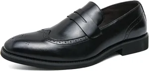 Mens Classic Handmade Leather Dress Shoes Fashion Brogue Wing Tip Comfort Slip-On Loafers Modern Business Formal Tuxedo Oxfords for Wedding Office Work
