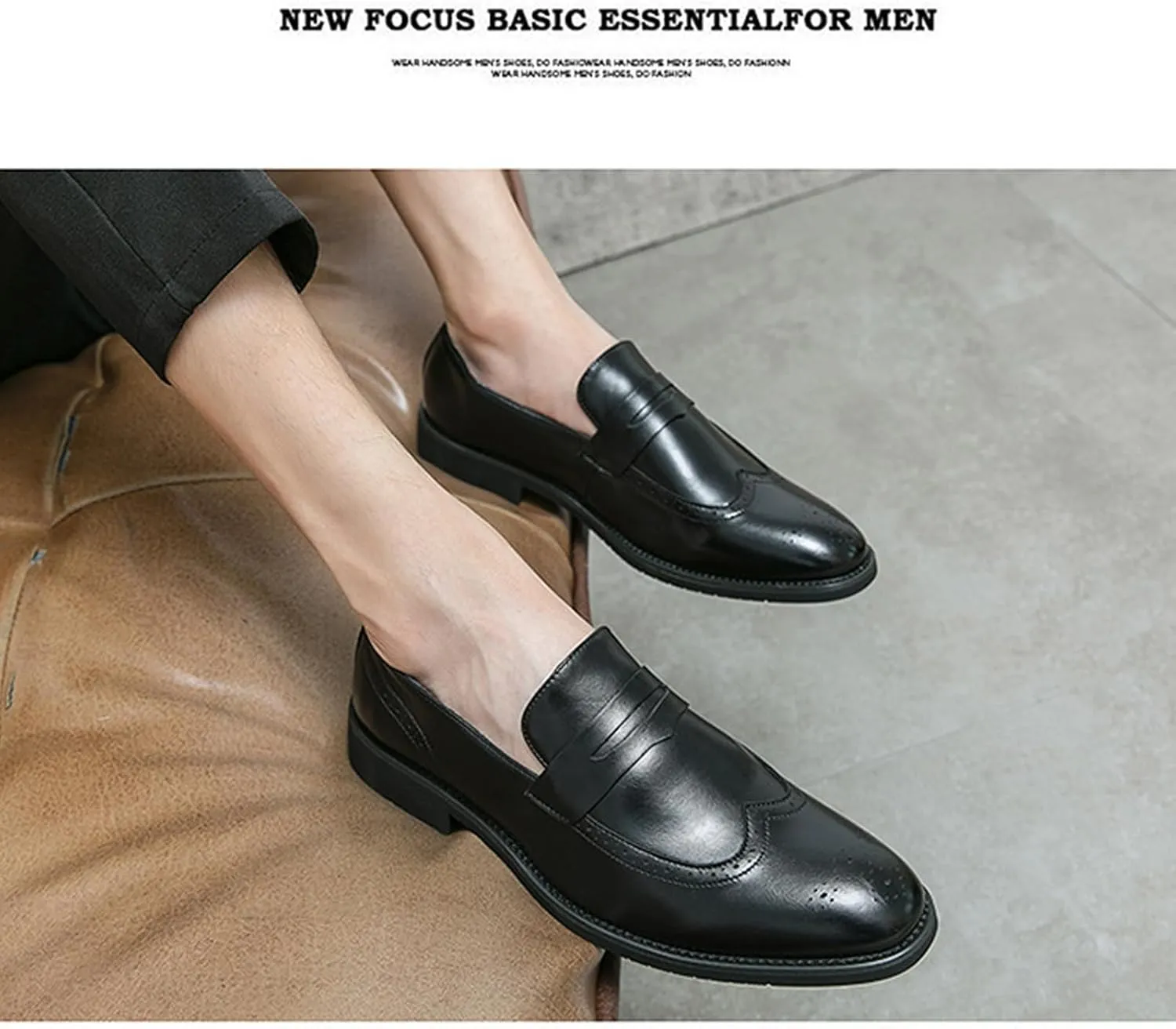 Mens Classic Handmade Leather Dress Shoes Fashion Brogue Wing Tip Comfort Slip-On Loafers Modern Business Formal Tuxedo Oxfords for Wedding Office Work