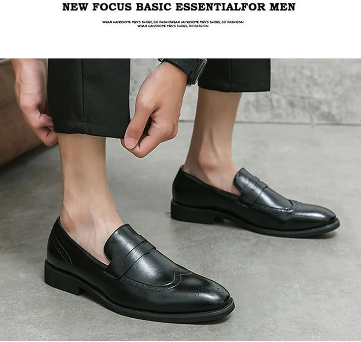 Mens Classic Handmade Leather Dress Shoes Fashion Brogue Wing Tip Comfort Slip-On Loafers Modern Business Formal Tuxedo Oxfords for Wedding Office Work