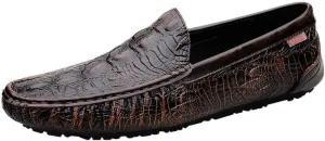 Men's Crocodile Leather Loafers Embossed Round Toe Leather Driving Shoes Lightweight Comfortable Anti-Slip Outdoor Slip-On Smoking Loafers