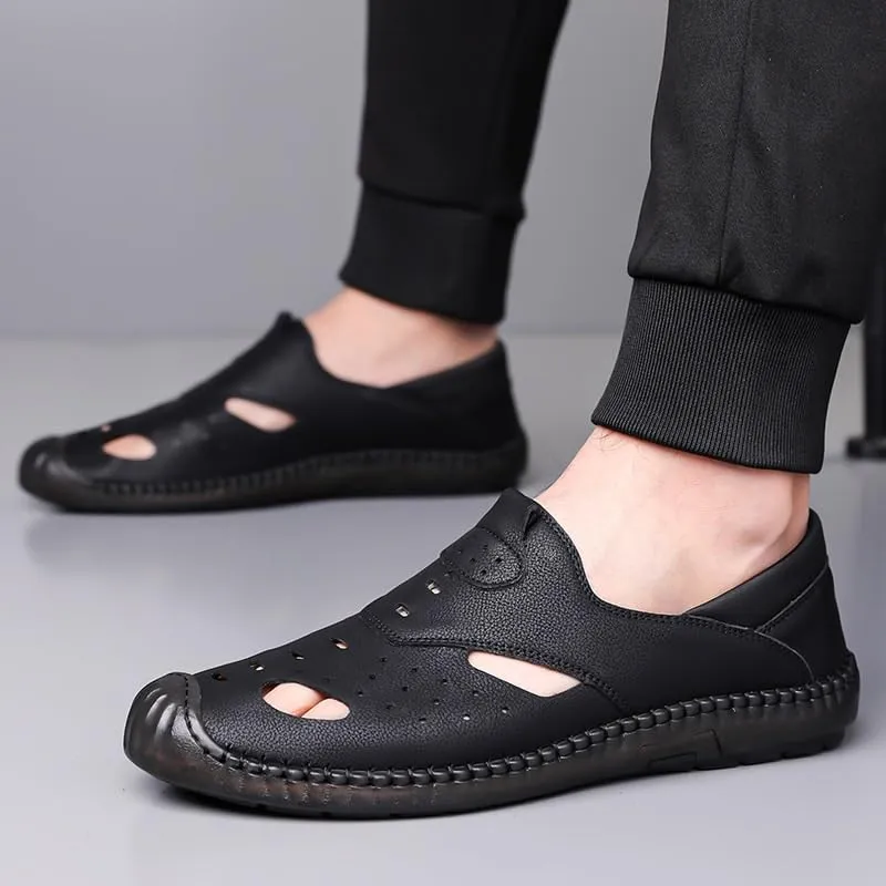 Men's Cutout Mesh Handmade Flat Casual Loafers Slip-on Casual Walking Shoes for Men Mens Genuine Leather Shoes