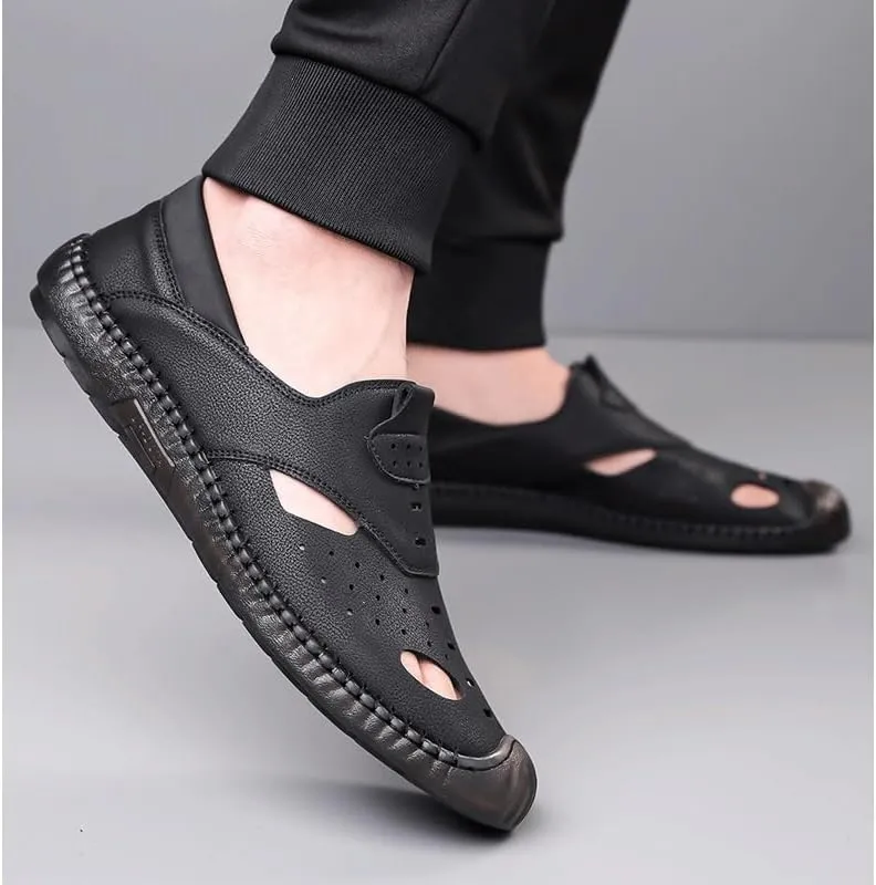 Men's Cutout Mesh Handmade Flat Casual Loafers Slip-on Casual Walking Shoes for Men Mens Genuine Leather Shoes