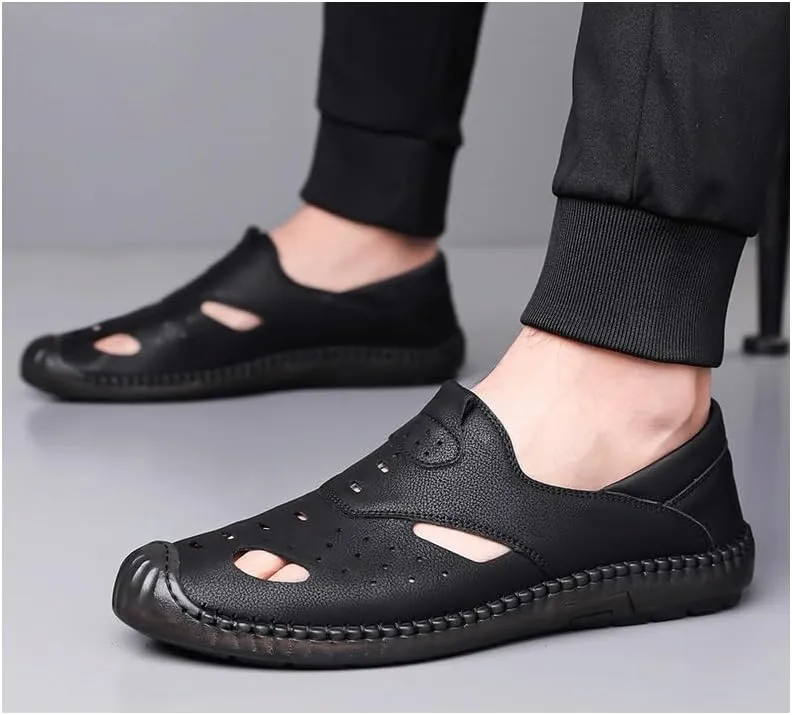 Men's Cutout Mesh Handmade Flat Casual Loafers Slip-on Casual Walking Shoes for Men Mens Genuine Leather Shoes