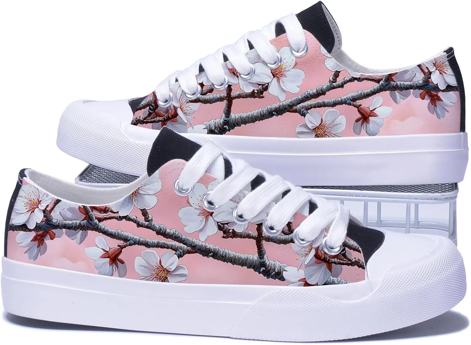 Men's Fashion Sneakers Low Top Canvas Shoes Cherry Blossom Sakura Pattern Casual Breathable Walking Tennis Shoes for Women