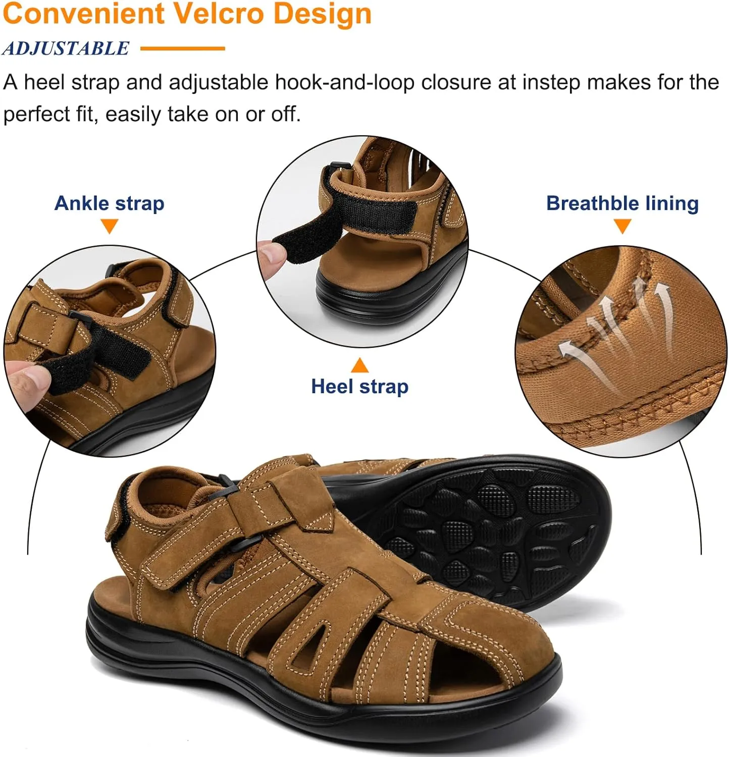 Mens Fisherman Leather Closed Toe Sandals Walking Dress Casual Sandalias Whith Memory Foam Summer Outdoor Athletic Adjustable Comfortable