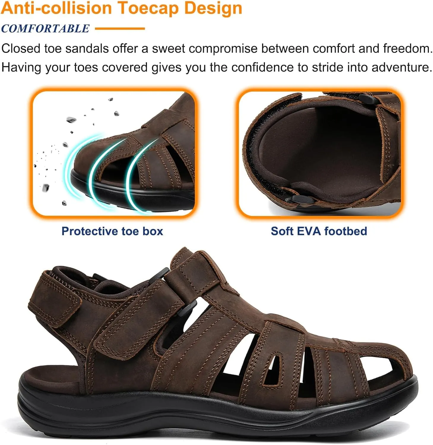 Mens Fisherman Leather Closed Toe Sandals Walking Dress Casual Sandalias Whith Memory Foam Summer Outdoor Athletic Adjustable Comfortable