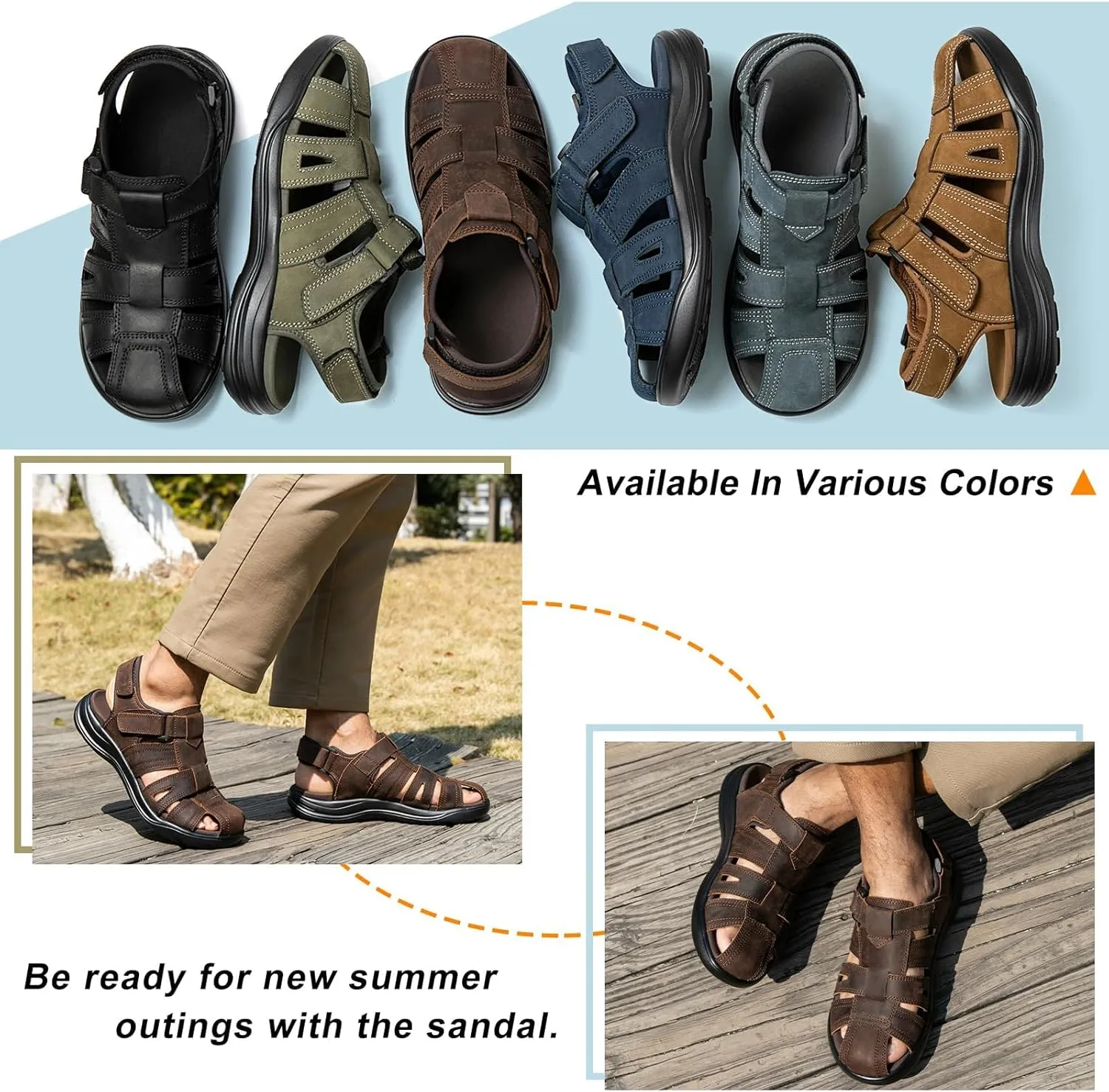 Mens Fisherman Leather Closed Toe Sandals Walking Dress Casual Sandalias Whith Memory Foam Summer Outdoor Athletic Adjustable Comfortable