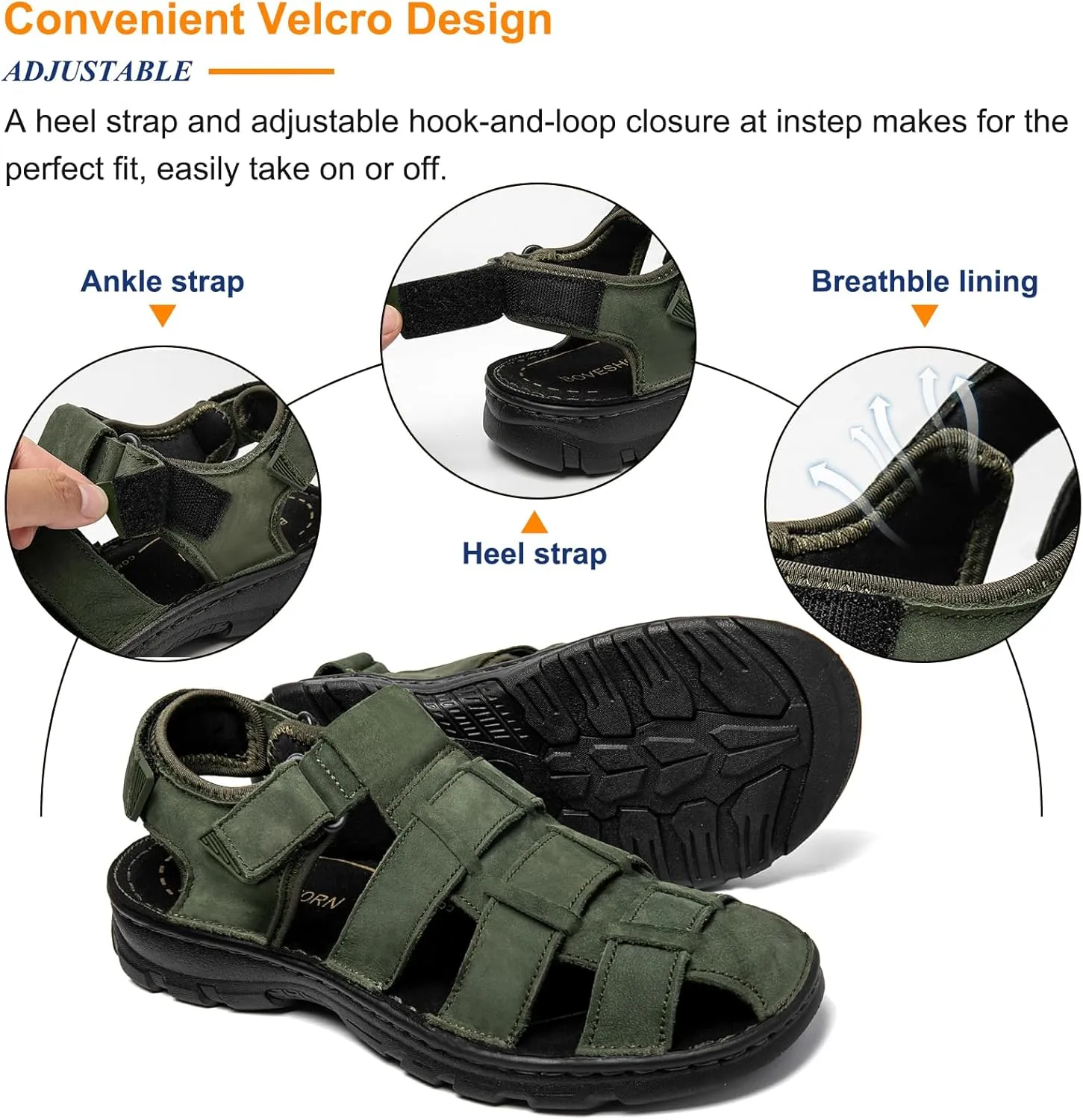 Mens Fisherman Leather Closed Toe Sandals Walking Dress Casual Sandalias Whith Memory Foam Summer Outdoor Athletic Adjustable Comfortable