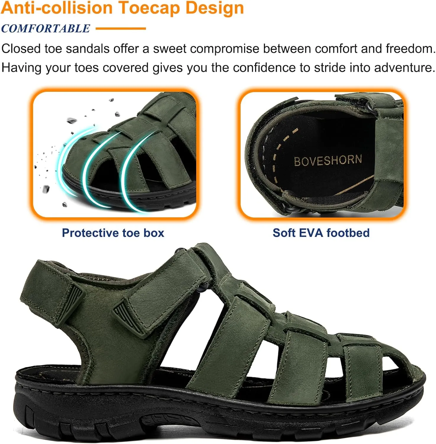 Mens Fisherman Leather Closed Toe Sandals Walking Dress Casual Sandalias Whith Memory Foam Summer Outdoor Athletic Adjustable Comfortable