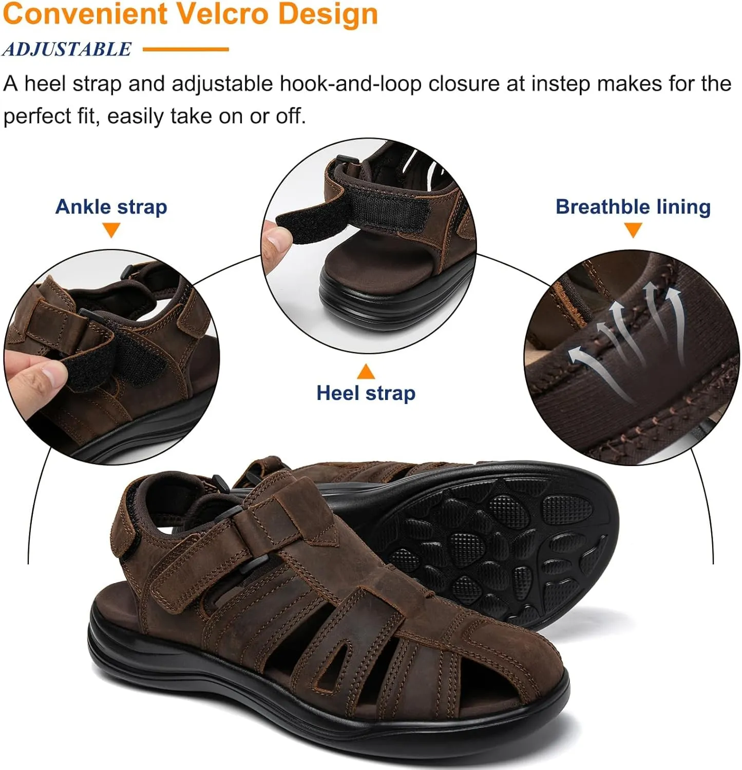 Mens Fisherman Leather Closed Toe Sandals Walking Dress Casual Sandalias Whith Memory Foam Summer Outdoor Athletic Adjustable Comfortable