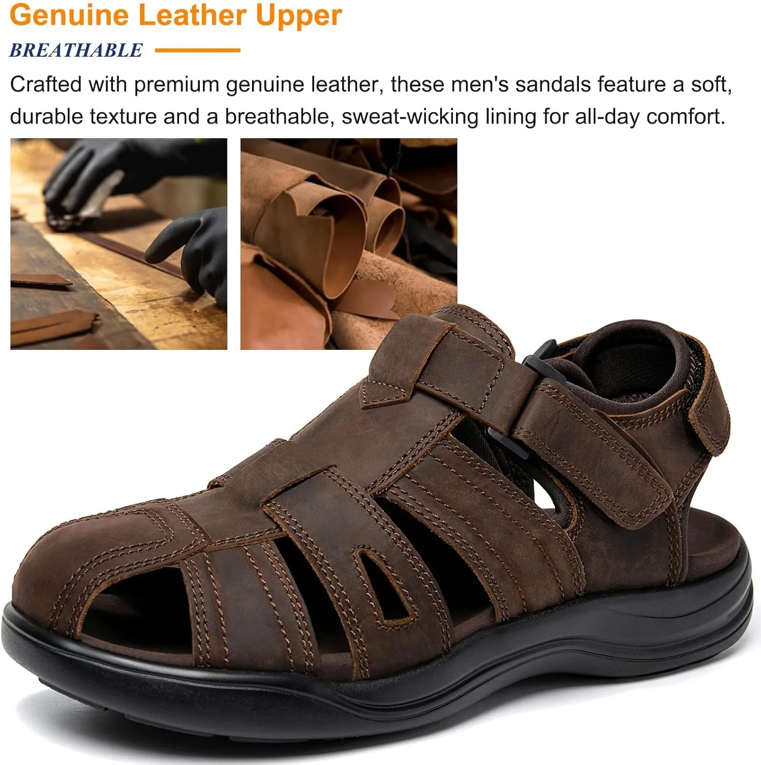Mens Fisherman Leather Closed Toe Sandals Walking Dress Casual Sandalias Whith Memory Foam Summer Outdoor Athletic Adjustable Comfortable