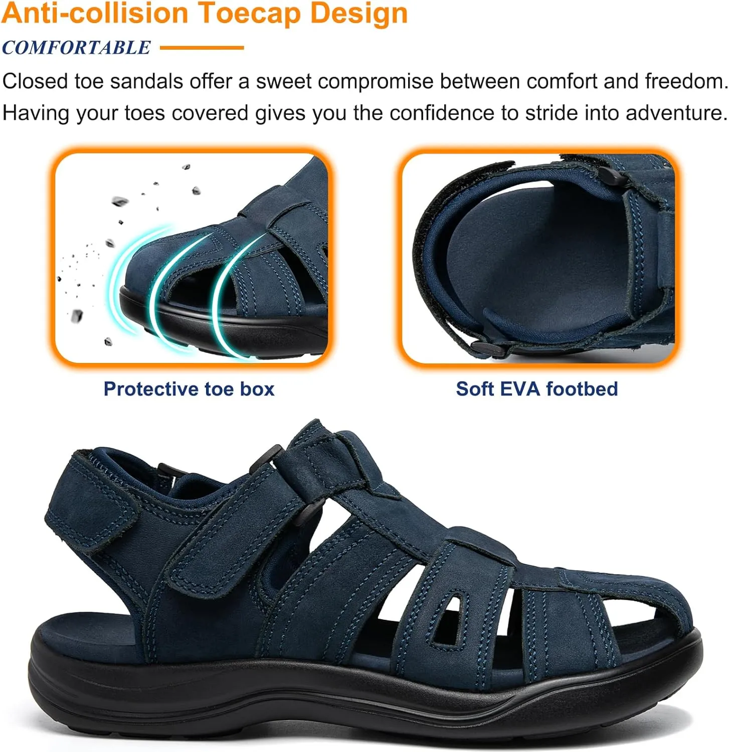 Mens Fisherman Leather Closed Toe Sandals Walking Dress Casual Sandalias Whith Memory Foam Summer Outdoor Athletic Adjustable Comfortable