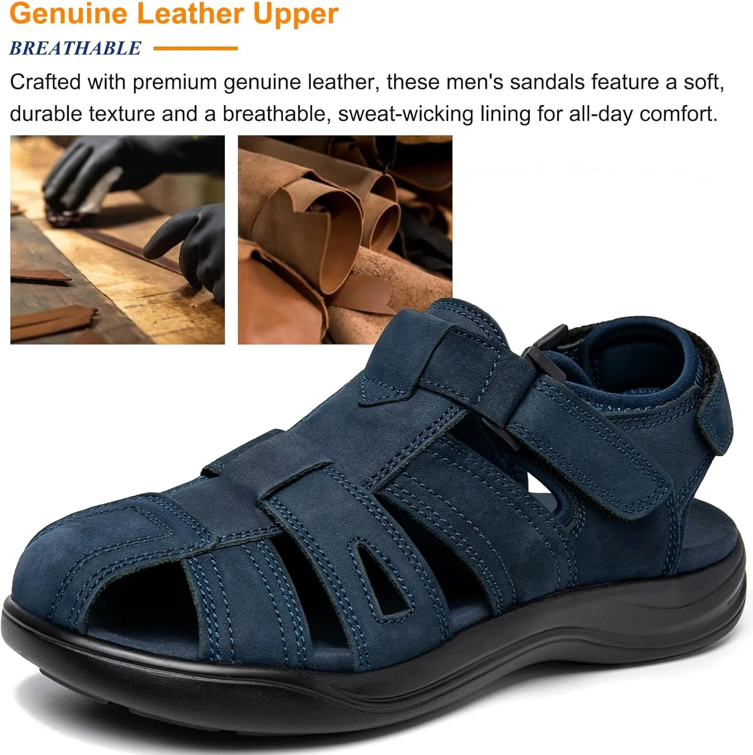 Mens Fisherman Leather Closed Toe Sandals Walking Dress Casual Sandalias Whith Memory Foam Summer Outdoor Athletic Adjustable Comfortable