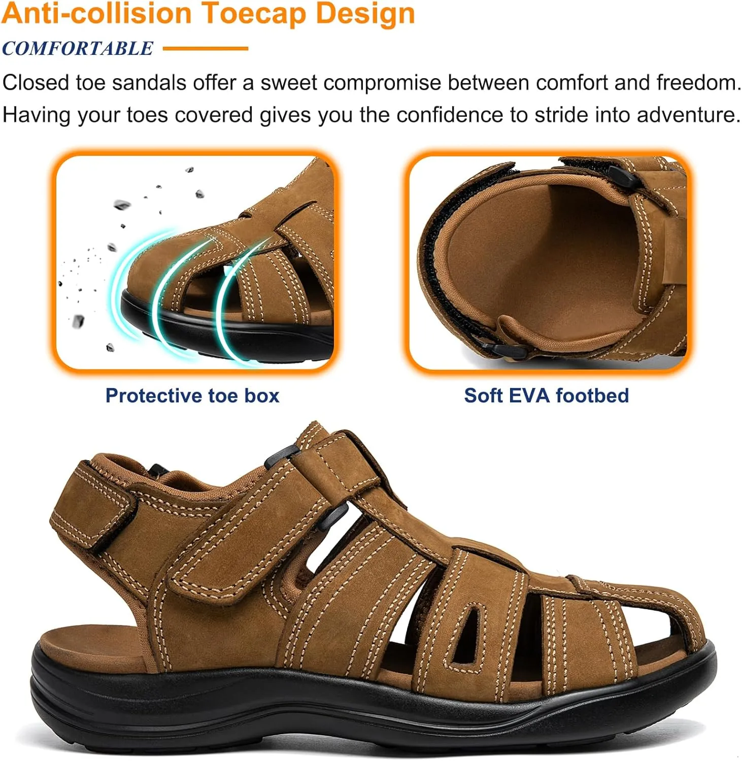 Mens Fisherman Leather Closed Toe Sandals Walking Dress Casual Sandalias Whith Memory Foam Summer Outdoor Athletic Adjustable Comfortable