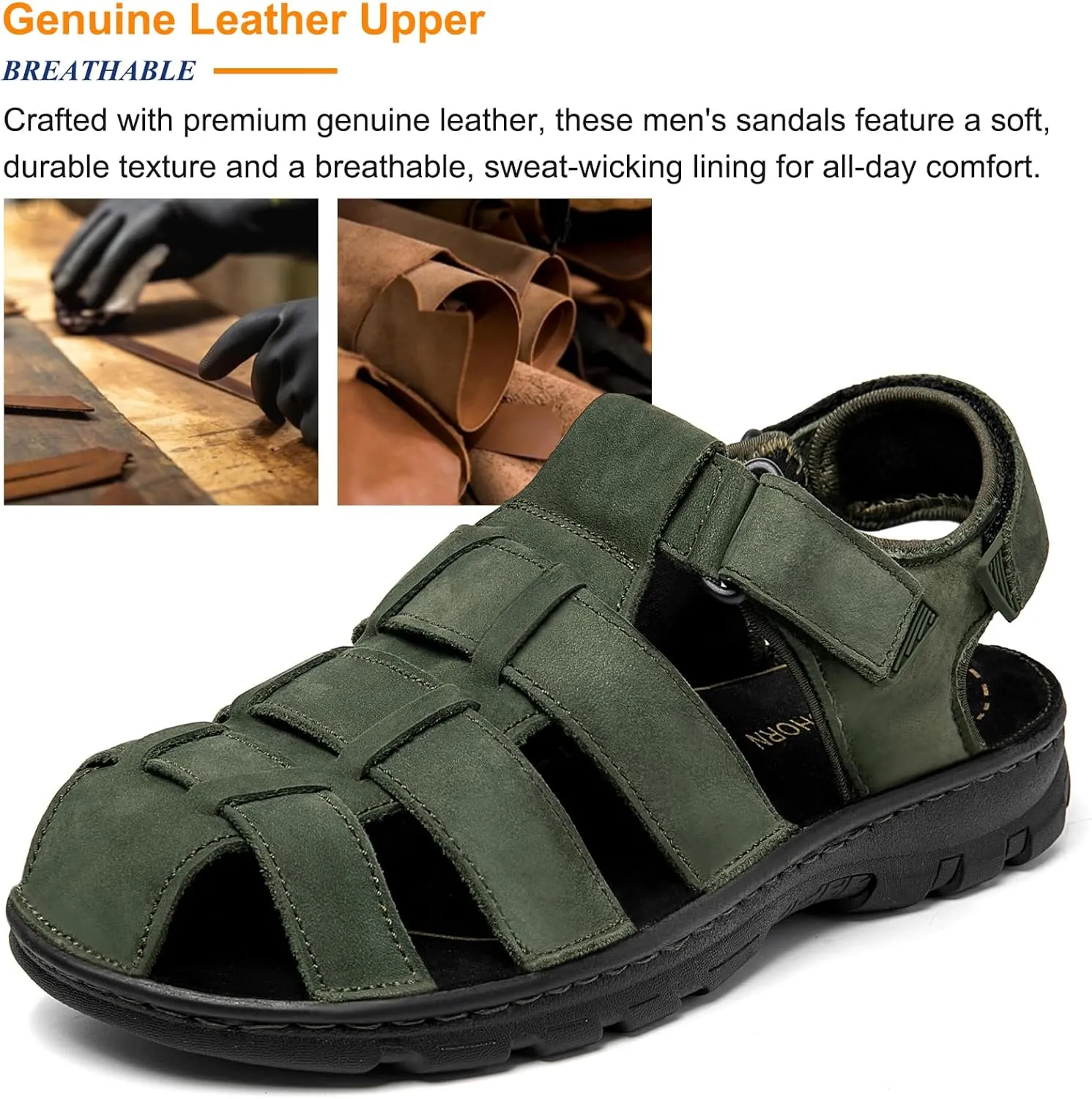 Mens Fisherman Leather Closed Toe Sandals Walking Dress Casual Sandalias Whith Memory Foam Summer Outdoor Athletic Adjustable Comfortable