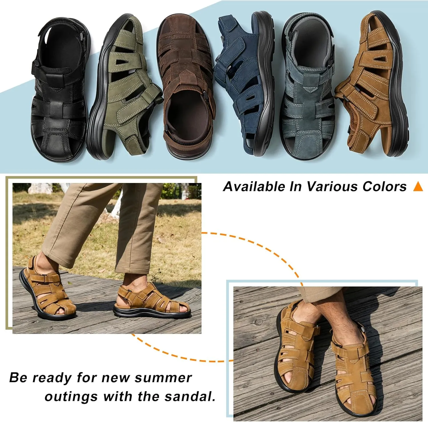 Mens Fisherman Leather Closed Toe Sandals Walking Dress Casual Sandalias Whith Memory Foam Summer Outdoor Athletic Adjustable Comfortable