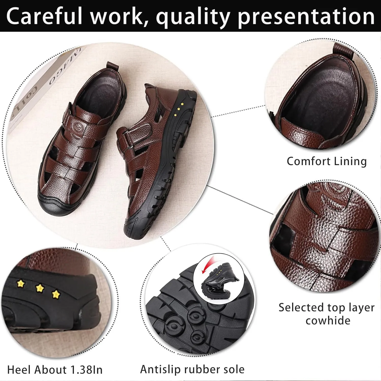Men's Genuine Leather Fisherman Sandals Closed Toe Anti-Slip Platform Adjustable Hook & Loop Strap Summer Hollow Sandals for Casual Outdoor Travel