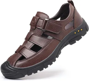 Men's Genuine Leather Fisherman Sandals Closed Toe Anti-Slip Platform Adjustable Hook & Loop Strap Summer Hollow Sandals for Casual Outdoor Travel