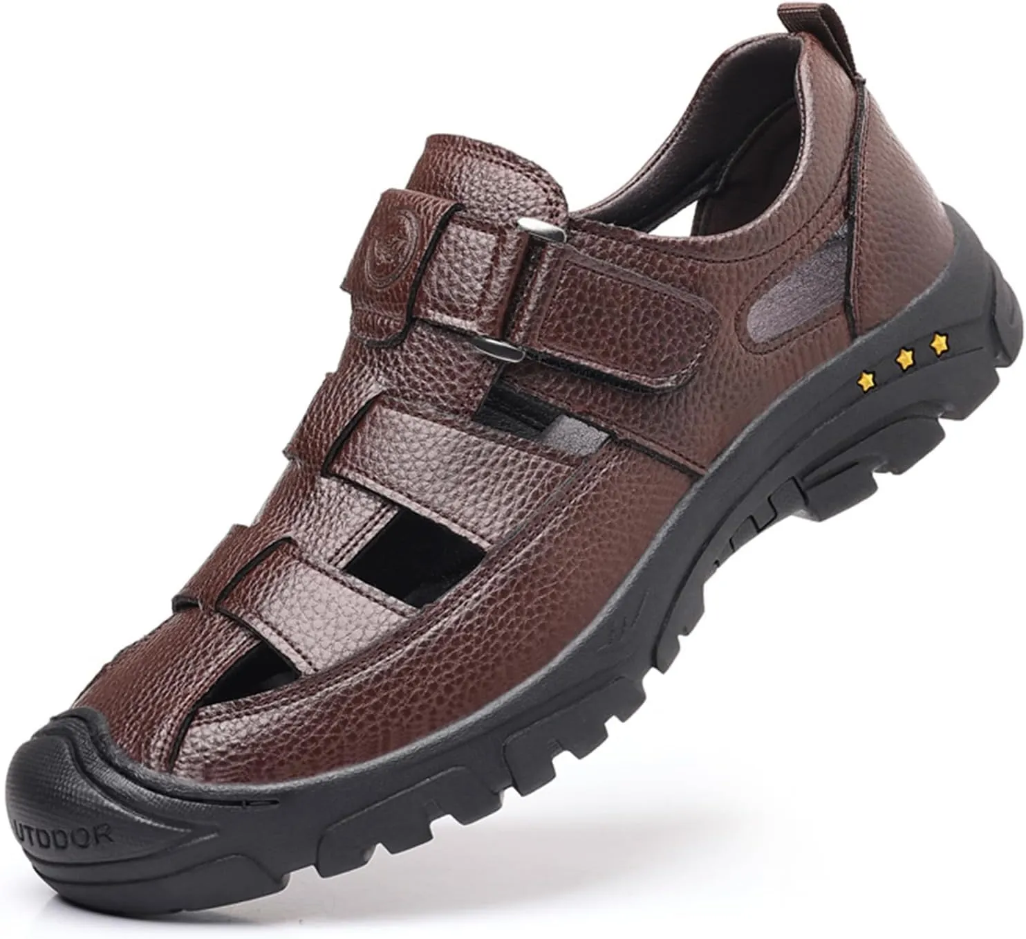 Men's Genuine Leather Fisherman Sandals Closed Toe Anti-Slip Platform Adjustable Hook & Loop Strap Summer Hollow Sandals for Casual Outdoor Travel