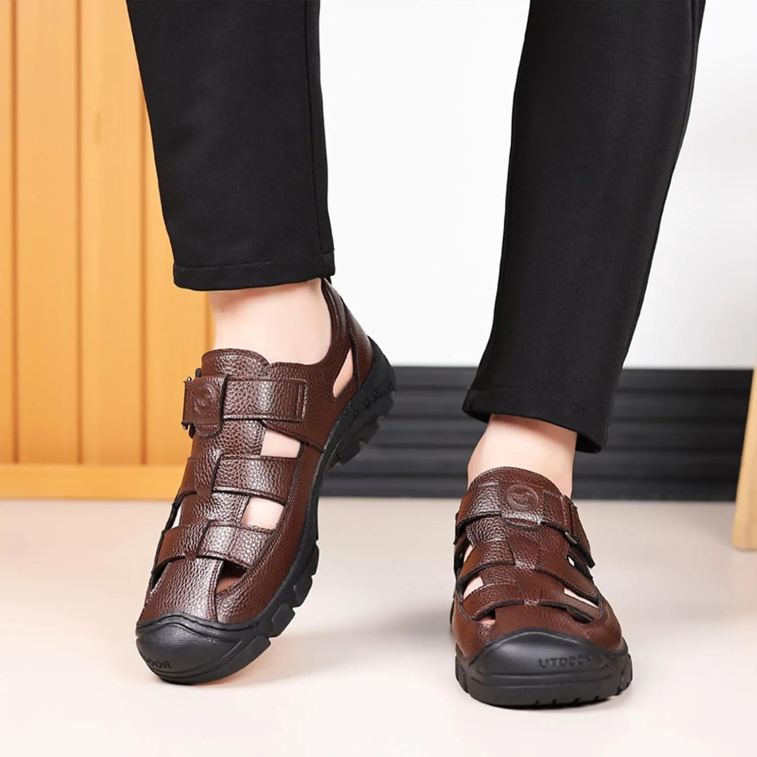 Men's Genuine Leather Fisherman Sandals Closed Toe Anti-Slip Platform Adjustable Hook & Loop Strap Summer Hollow Sandals for Casual Outdoor Travel