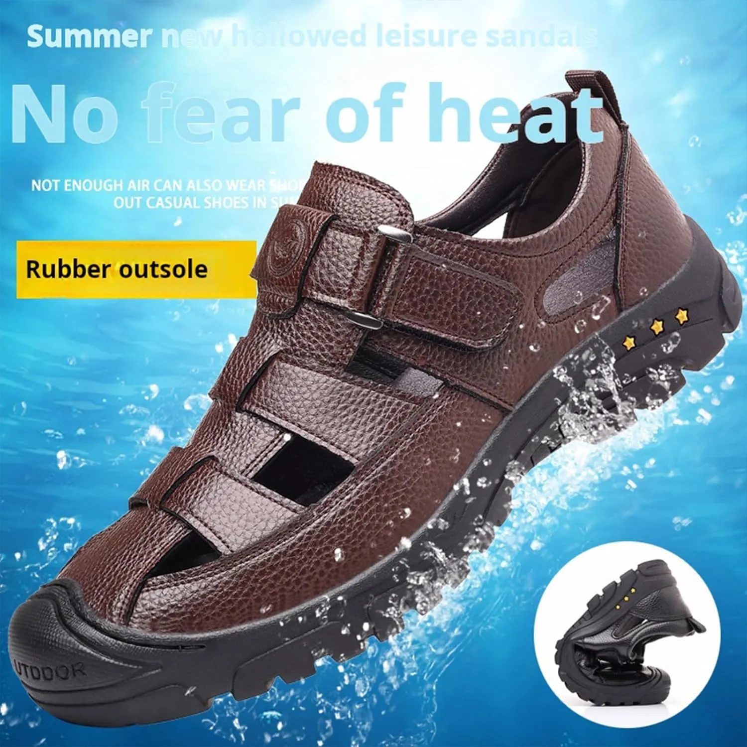 Men's Genuine Leather Fisherman Sandals Closed Toe Anti-Slip Platform Adjustable Hook & Loop Strap Summer Hollow Sandals for Casual Outdoor Travel
