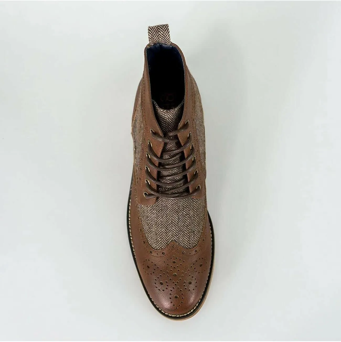 Mens Leather Tweed Mix Shoes Lace Up Ankle Brogue Boots