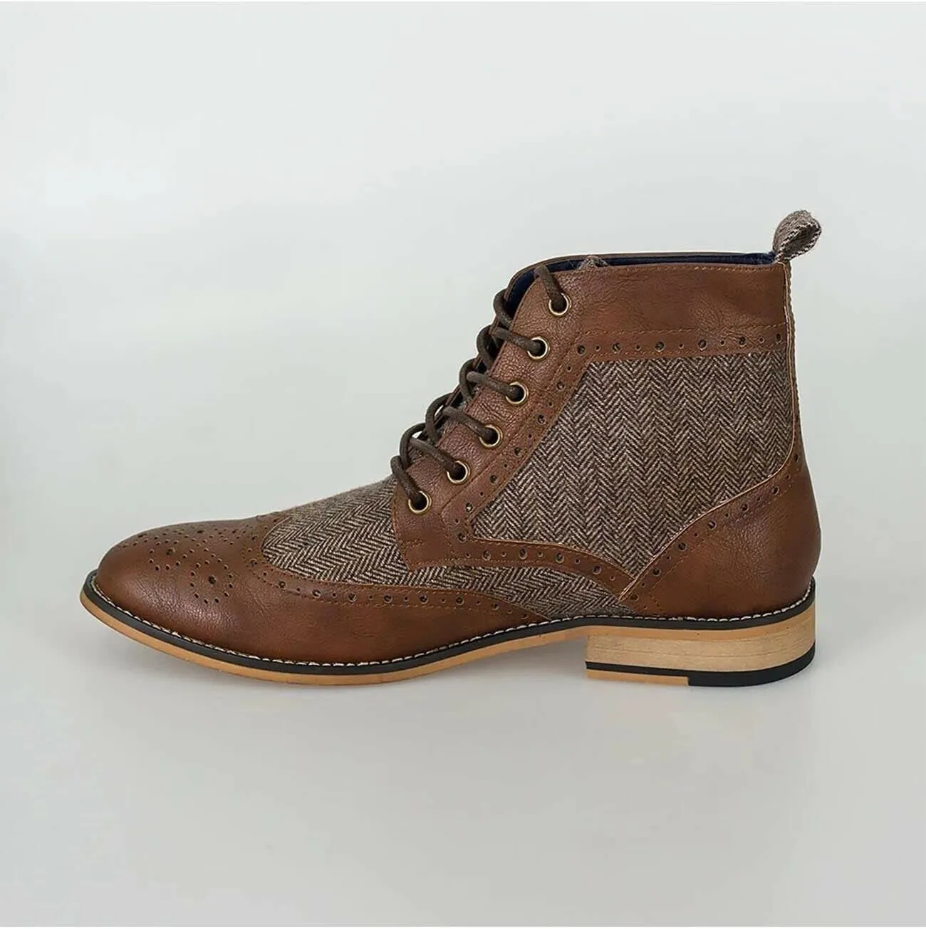 Mens Leather Tweed Mix Shoes Lace Up Ankle Brogue Boots