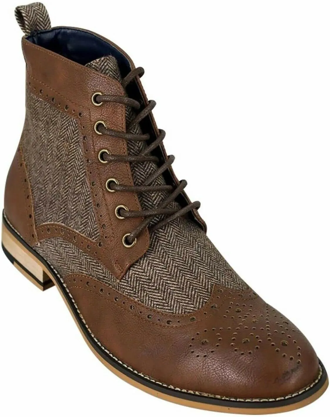 Mens Leather Tweed Mix Shoes Lace Up Ankle Brogue Boots