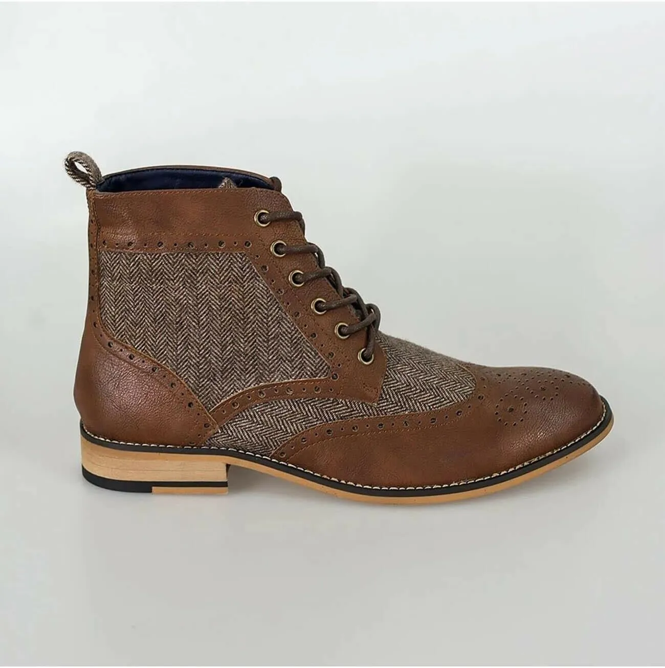 Mens Leather Tweed Mix Shoes Lace Up Ankle Brogue Boots