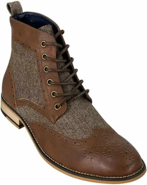 Mens Leather Tweed Mix Shoes Lace Up Ankle Brogue Boots