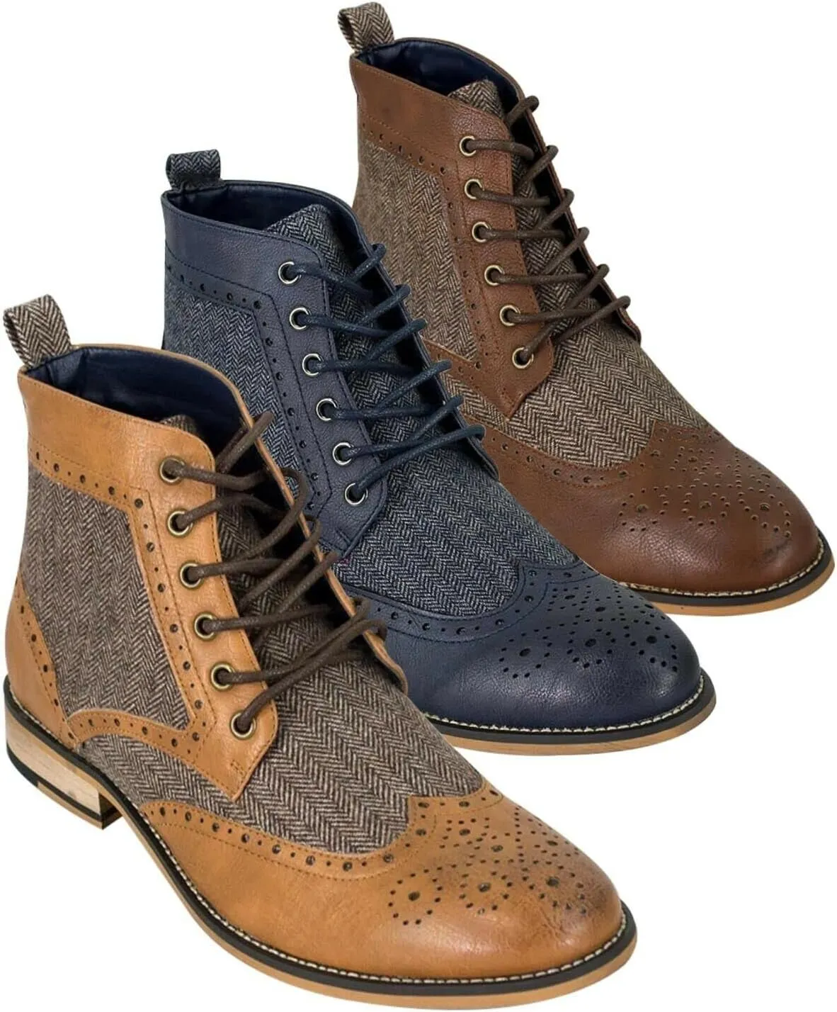 Mens Leather Tweed Mix Shoes Lace Up Ankle Brogue Boots