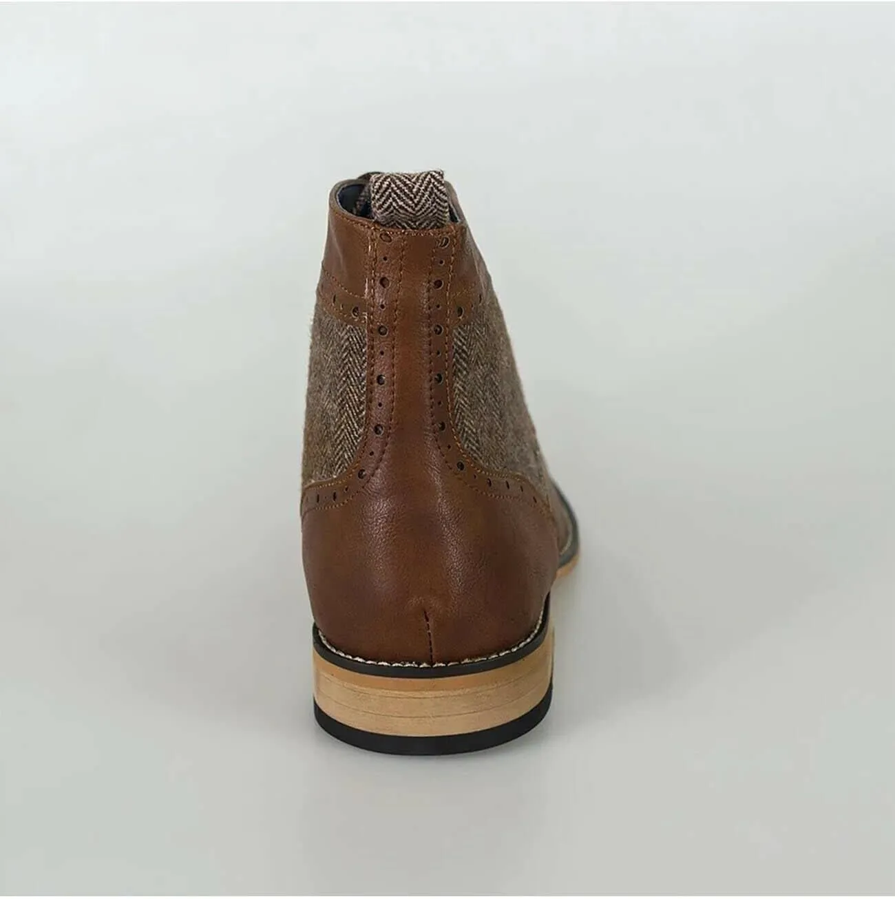 Mens Leather Tweed Mix Shoes Lace Up Ankle Brogue Boots