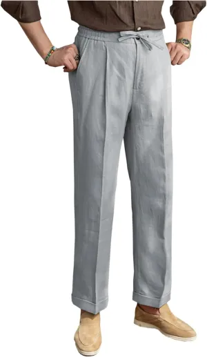 Mens Linen Pants Casual Elastic Waist Drawstring Lightweight Summer Beach Vintage Dress Long Pants Trousers