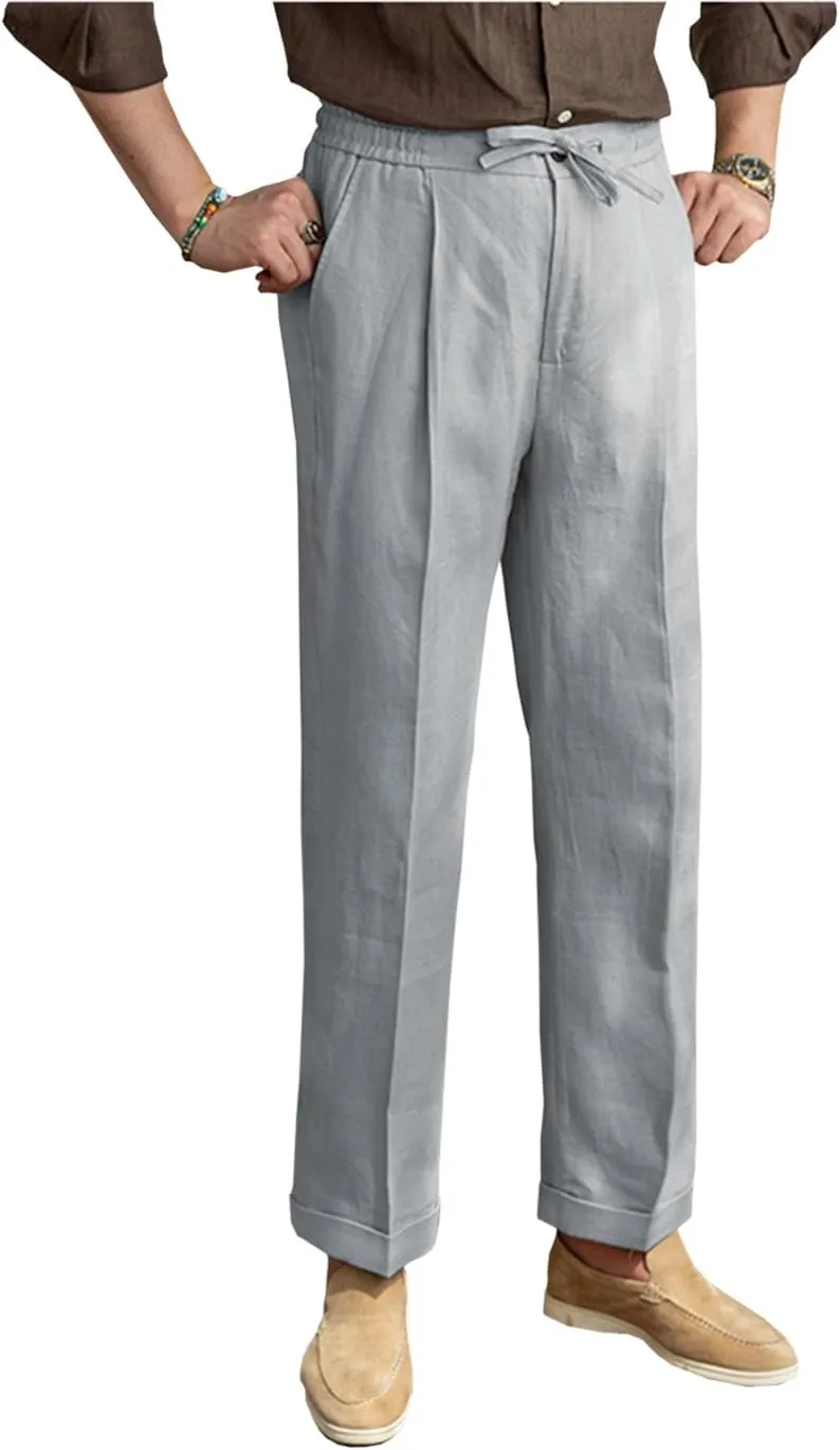 Mens Linen Pants Casual Elastic Waist Drawstring Lightweight Summer Beach Vintage Dress Long Pants Trousers