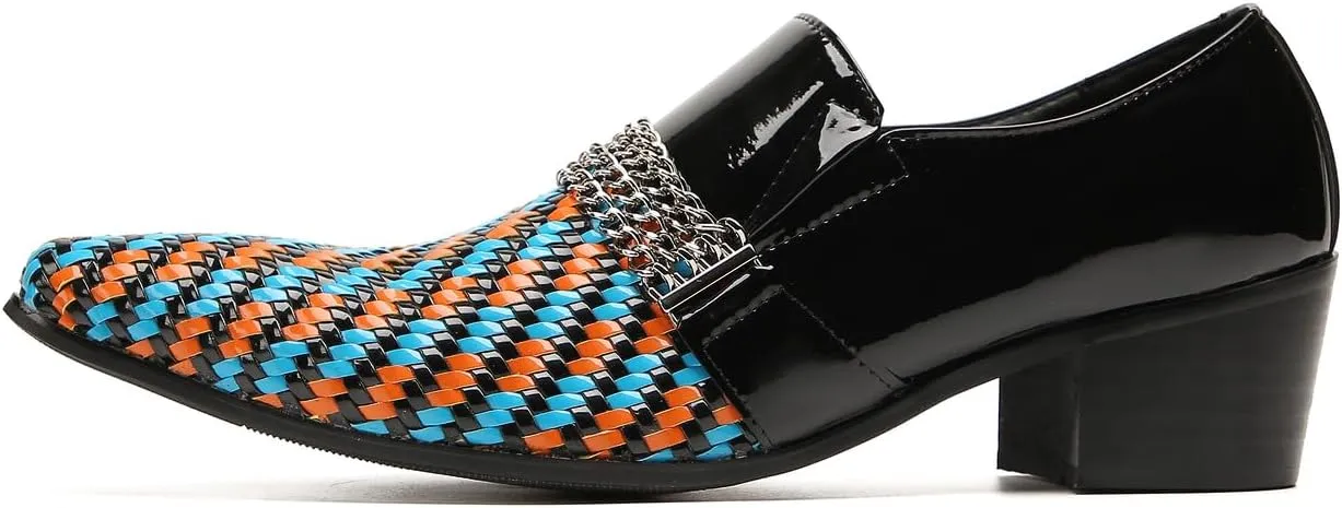 Men's Loafers Slip On Party Dress Casual Woven Two-Tone Chain Leather Penny Loafers Fashion Shoes for Men
