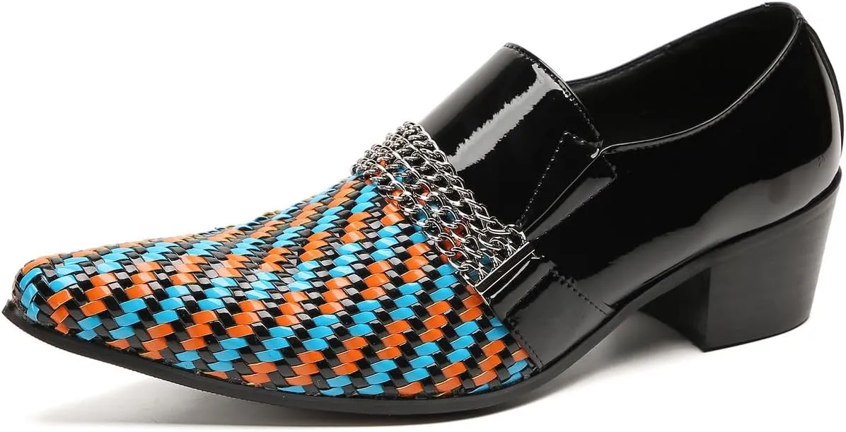Men's Loafers Slip On Party Dress Casual Woven Two-Tone Chain Leather Penny Loafers Fashion Shoes for Men