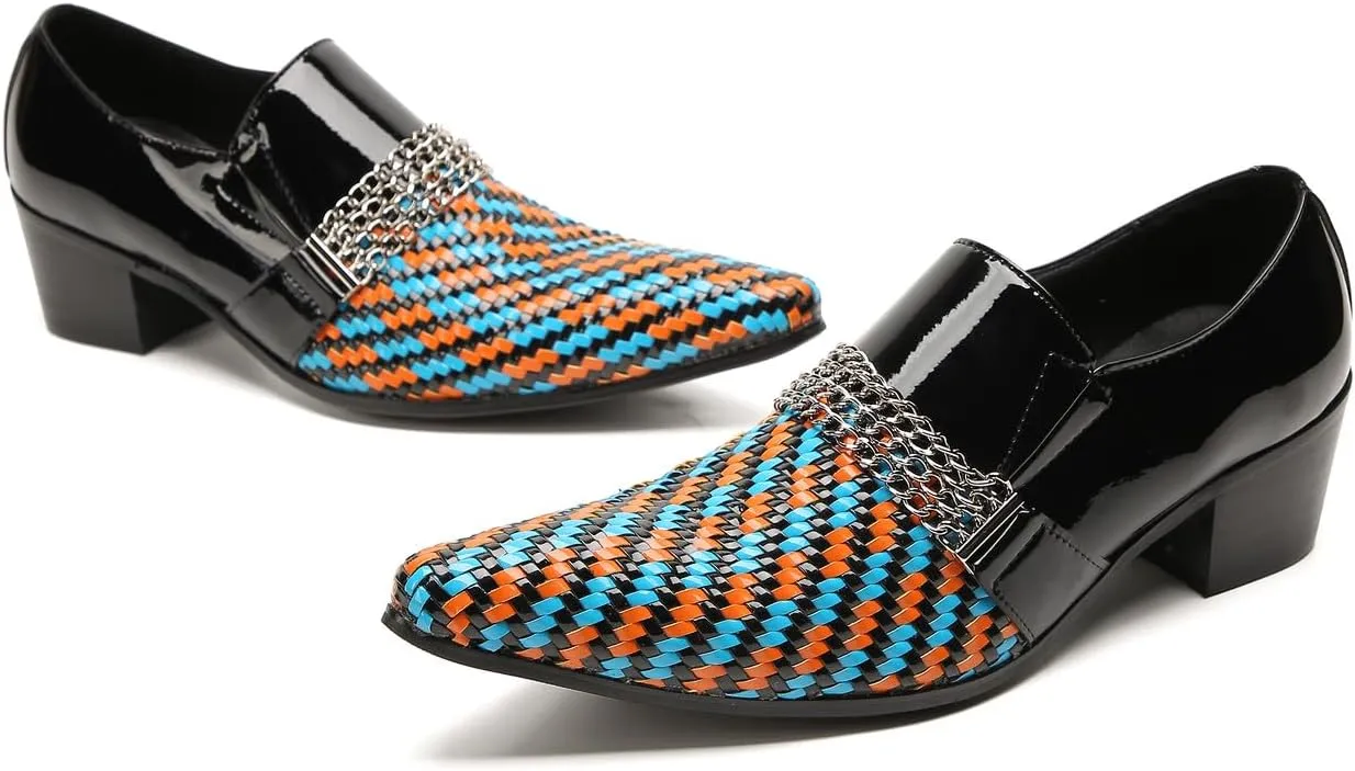 Men's Loafers Slip On Party Dress Casual Woven Two-Tone Chain Leather Penny Loafers Fashion Shoes for Men