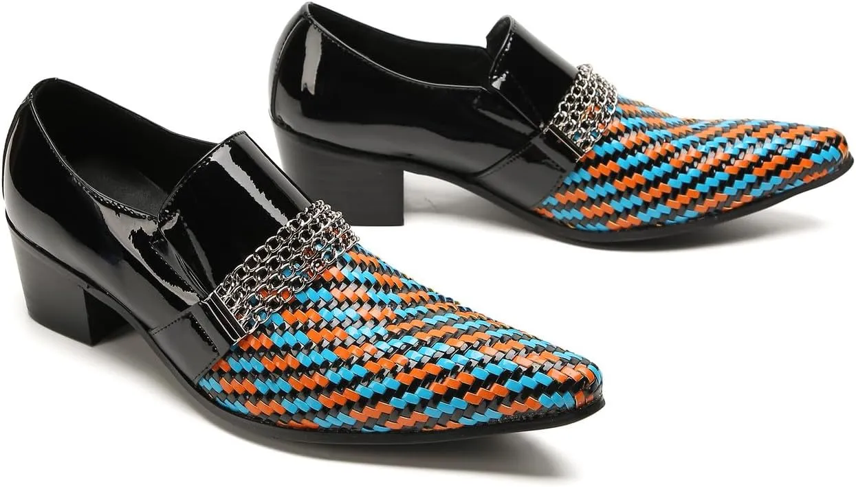 Men's Loafers Slip On Party Dress Casual Woven Two-Tone Chain Leather Penny Loafers Fashion Shoes for Men