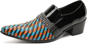 Men's Loafers Slip On Party Dress Casual Woven Two-Tone Chain Leather Penny Loafers Fashion Shoes for Men