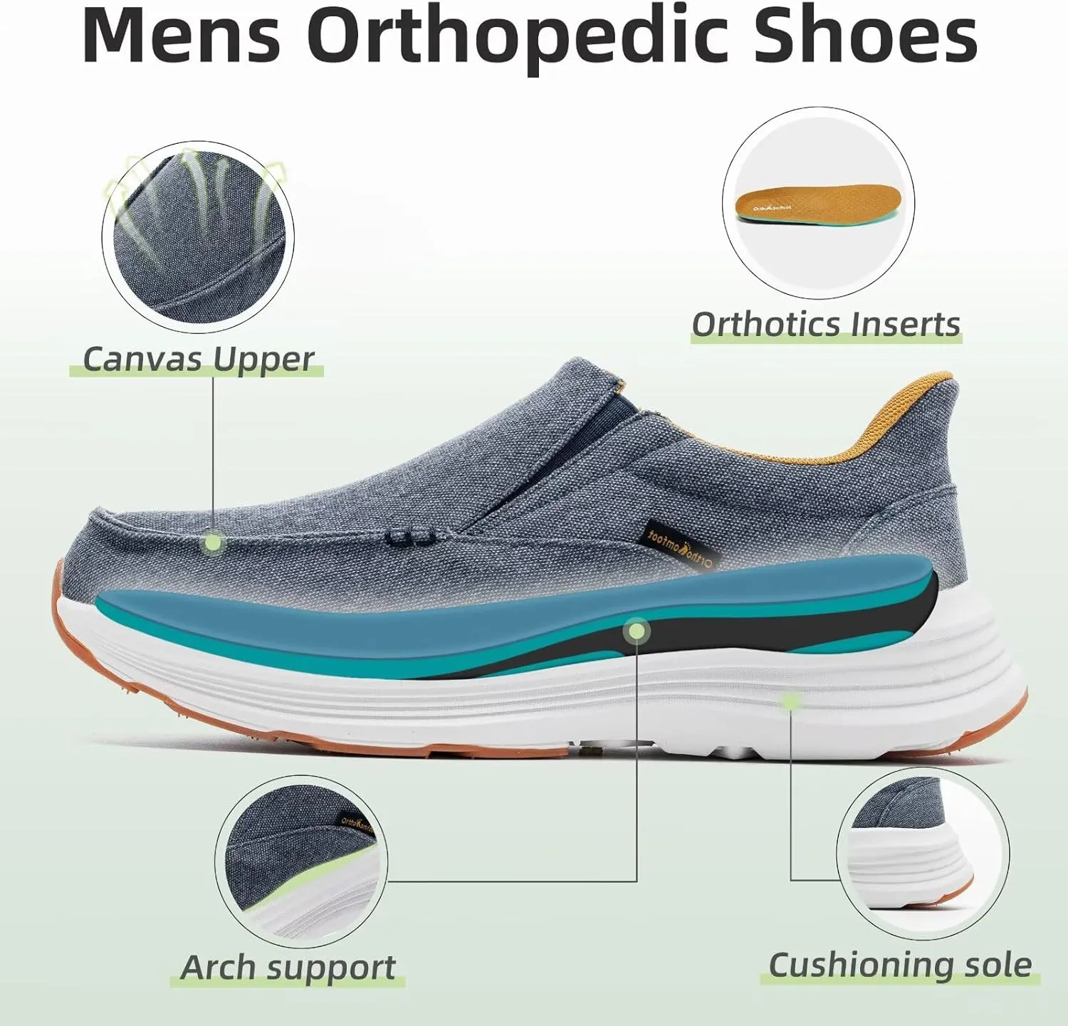 Men's Orthopedic Slip On Loafers with Arch Support: Comfortable Plantar Fasciitis Orthotic Shoes for Plantar Fasciitis, Canvas Thick Sole Walking Shoes for Foot and Heel Pain Relief