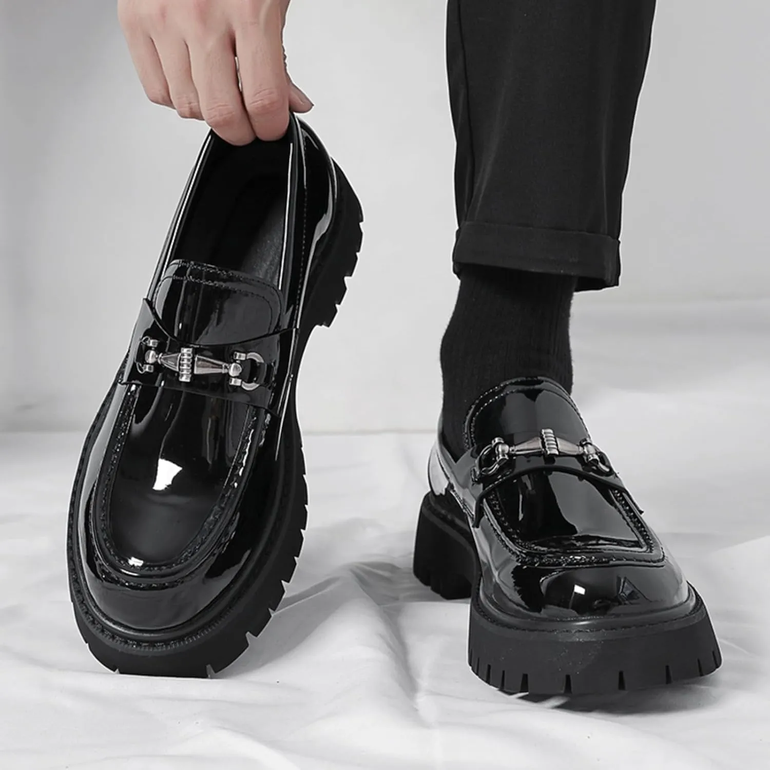 Mens Patent Leather Slip-On Platform Dress Horsebit Loafer Low Heels Round Toe Non-Slip Penny Shoes for Formal Business Wedding