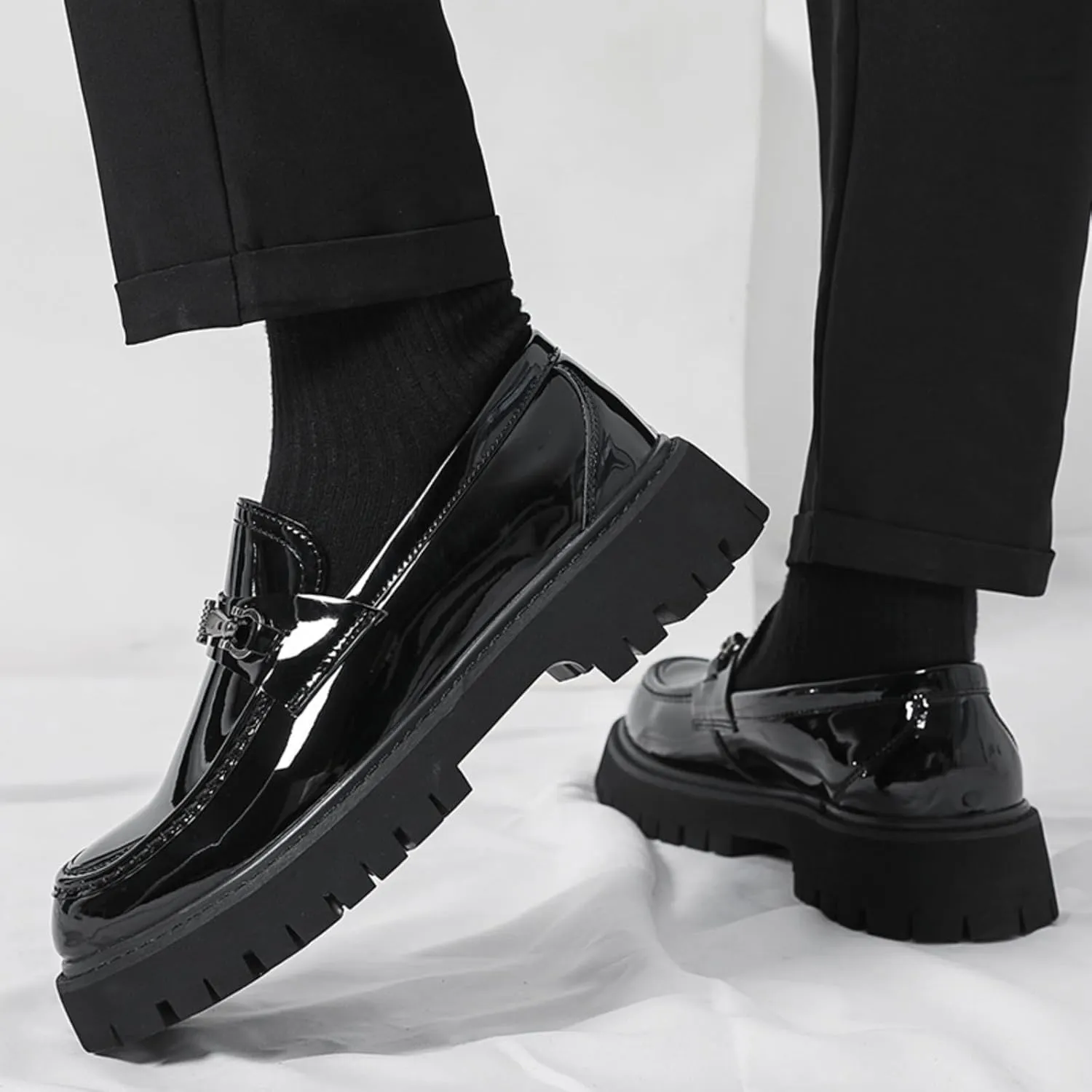 Mens Patent Leather Slip-On Platform Dress Horsebit Loafer Low Heels Round Toe Non-Slip Penny Shoes for Formal Business Wedding