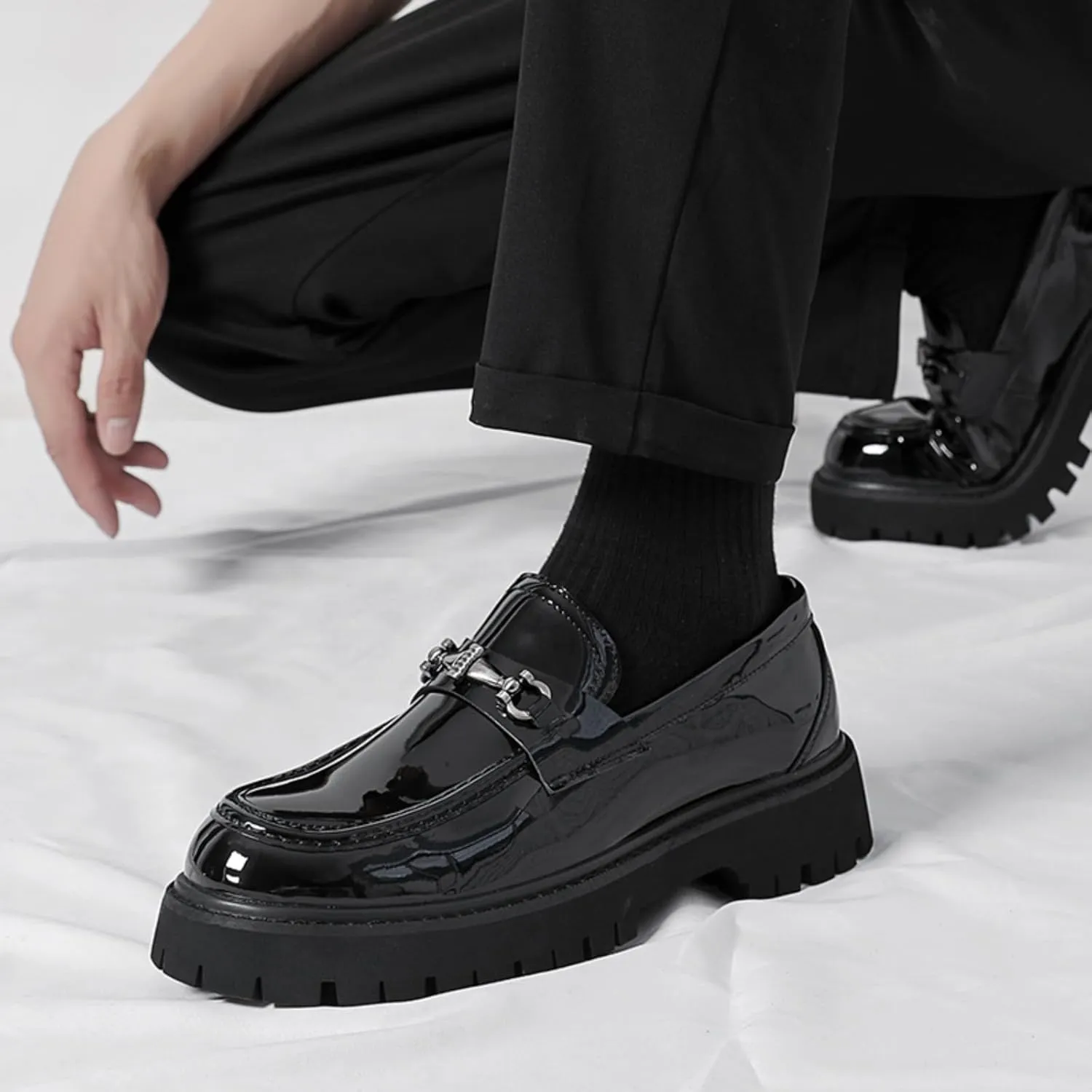 Mens Patent Leather Slip-On Platform Dress Horsebit Loafer Low Heels Round Toe Non-Slip Penny Shoes for Formal Business Wedding